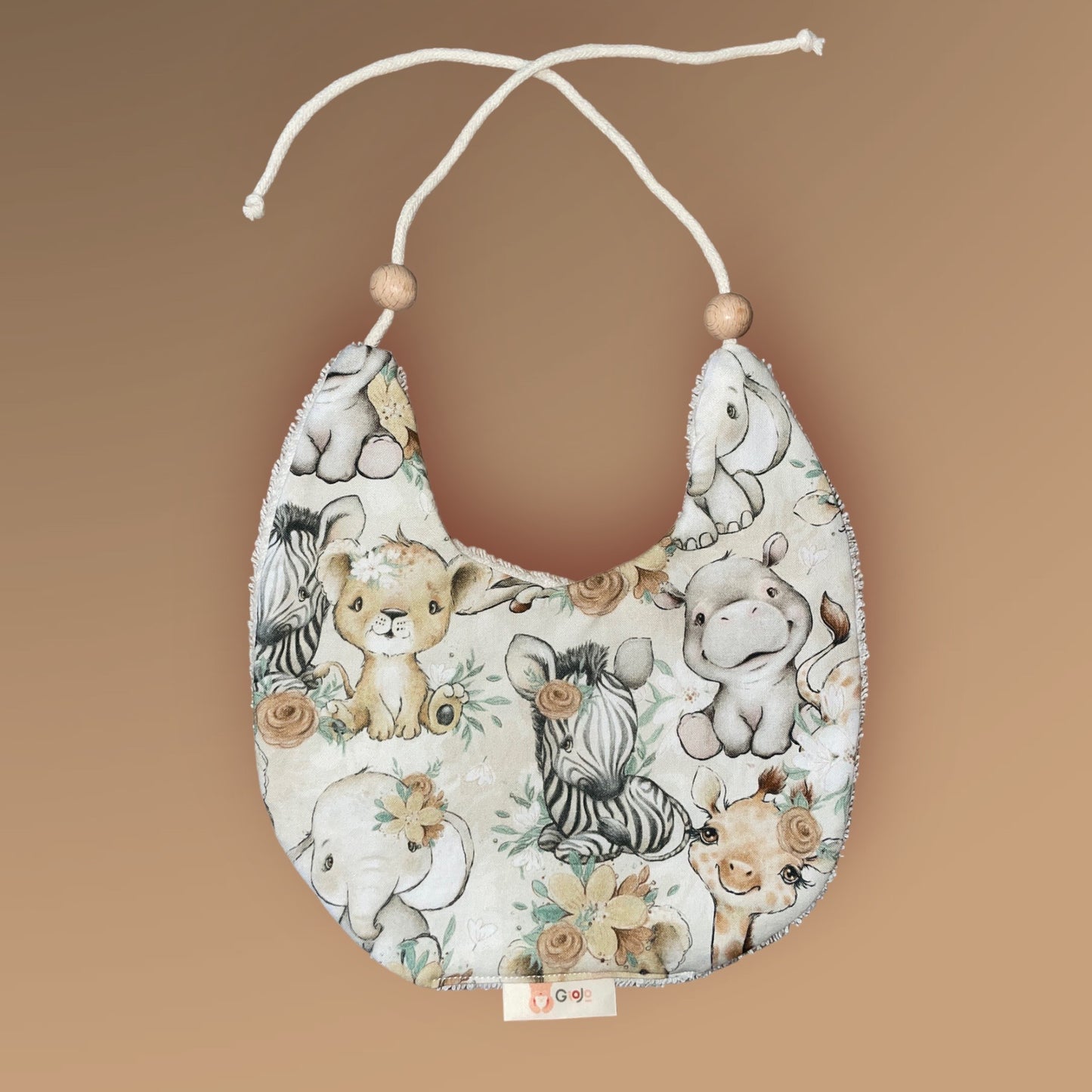Bavoir bébé à cordon Animaux savanane caramel – Vintage, doux et absorbant de 0 à 4 ans