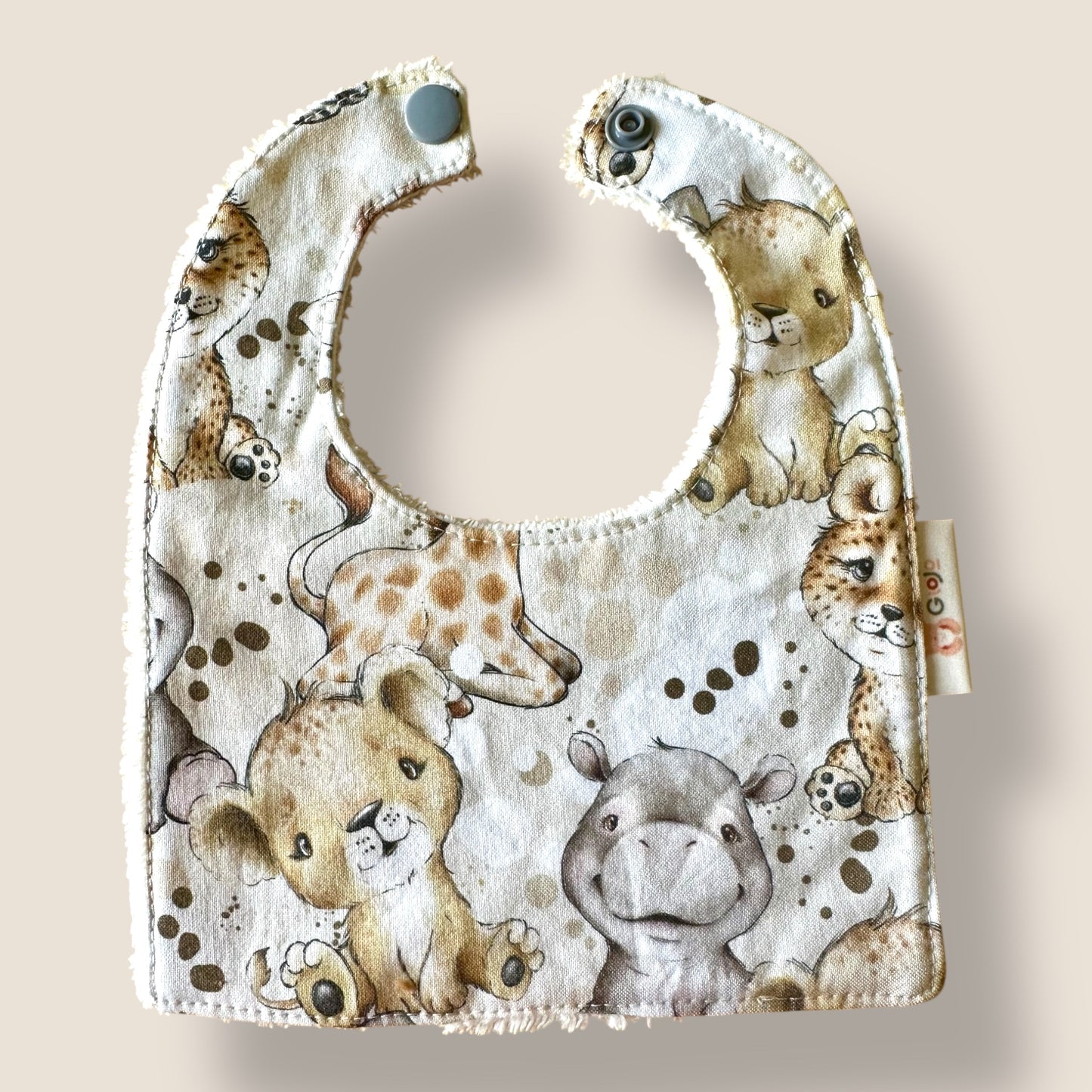 Bavoir bébé naissance Animaux savane caramel – Petit format tout doux (0-3 mois)
