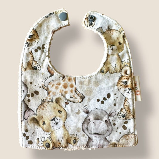 Bavoir bébé naissance Animaux savane caramel – Petit format tout doux (0-3 mois)